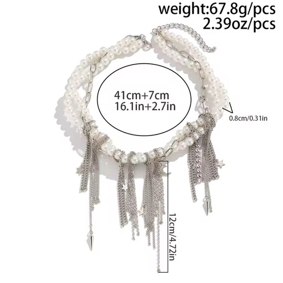 Anthropologie Star Tassel Multilayer Silver Pearl Necklace Tik tok Famous - Picture 6 of 8